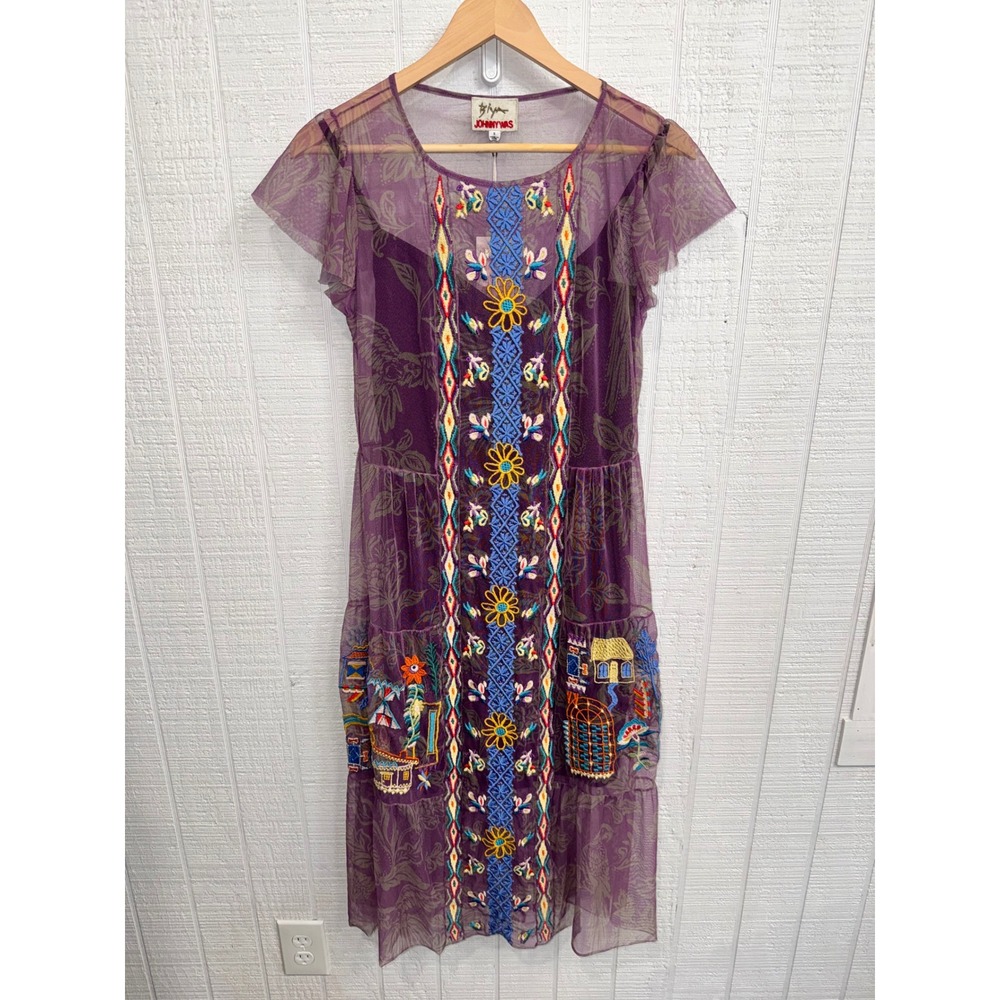 Johnny Was Biya Dress Womens Purple Embroidered Mesh Tiered Midi New Small